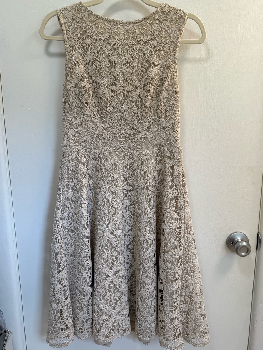 London Times Beige Crochet Lace Fit-and-Flare Dress